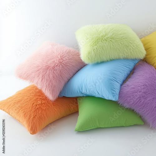 A pile of fluffy pillows in various colors and patterns on a clean white background