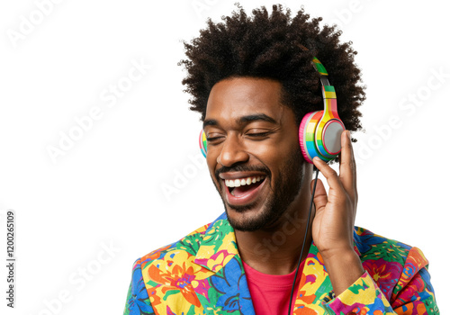 A colorful man wearing colorful headphones and enjoying music with a joyful smile , isolated on transparent background PNG photo