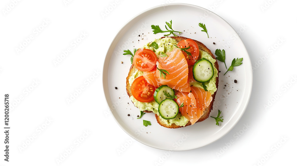 A sandwich with red fish, cucumber, tomato and greens. Appetizing tuna and vegetable sandwich on a white plate. A sandwich with red fish, cucumber, tomato and greens. Appetizing tuna and vegetable sandwich on a white plate.