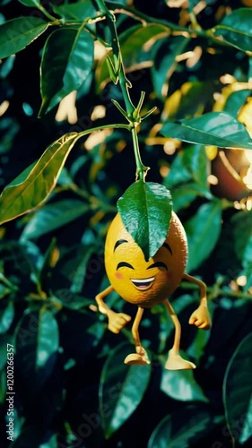 A cheerful cartoon lemon character hanging from a tree branch, surrounded by vibrant leaves, radiating positivity and freshness in a playful and lively setting.