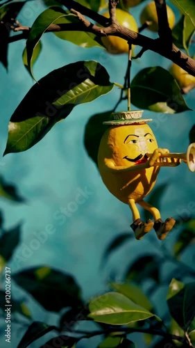 A whimsical lemon character playing a trumpet on a branch, set against a vibrant blue background. Perfect for playful designs, fresh product promotions, or children's content.