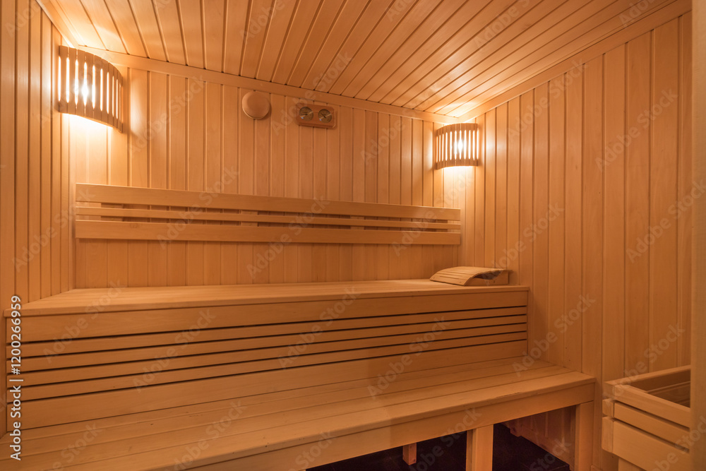 Traditional Finnish sauna made of light wood. Wide bench, cozy warm lighting. Traditional Finnish sauna made of light wood. Wide bench, cozy warm lighting.