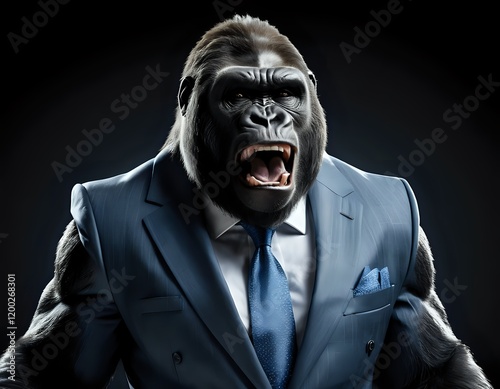 Powerful Gorilla in a Blue Suit: Dramatic and Intense Portrait photo