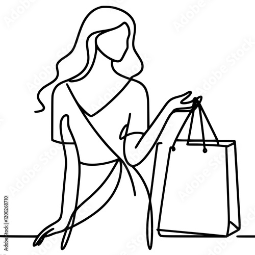 An elegant woman in a dress with fluffy hair with a package in her hand. Graphic single line contour vector simple minimalistic illustration.