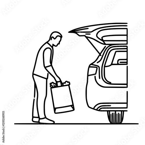 A man approaches the car to load groceries into the trunk of the car, single line vector simple contour minimalistic drawing