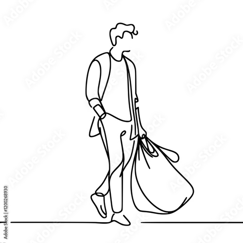 Courier with a heavy bag in his hand, single line vector simple outline minimalistic drawing