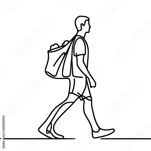 Courier with a heavy bag on his back, single line vector simple outline minimalistic drawing