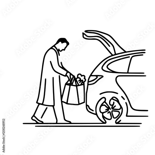 A simple vector linear minimalistic image of a man putting bags of groceries into the trunk of a car, symbolizing the daily activity and concern of buying groceries.