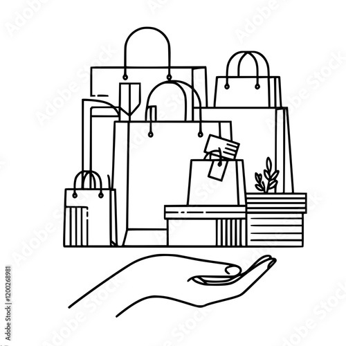 A hand holds several bags and boxes on the palm, a minimalist outline vector simple drawing symbolizing shopping, gifts and consumption.