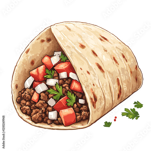 Mexican Taco with ground beef, lettuce, diced tomato onion and parsley vector food element isolated on white background