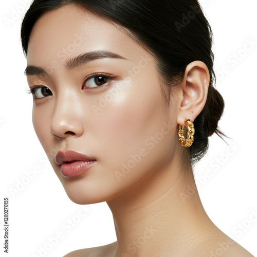 A young woman luxury gold earring advertising product close-up photo, isolated on a transparent background PNG