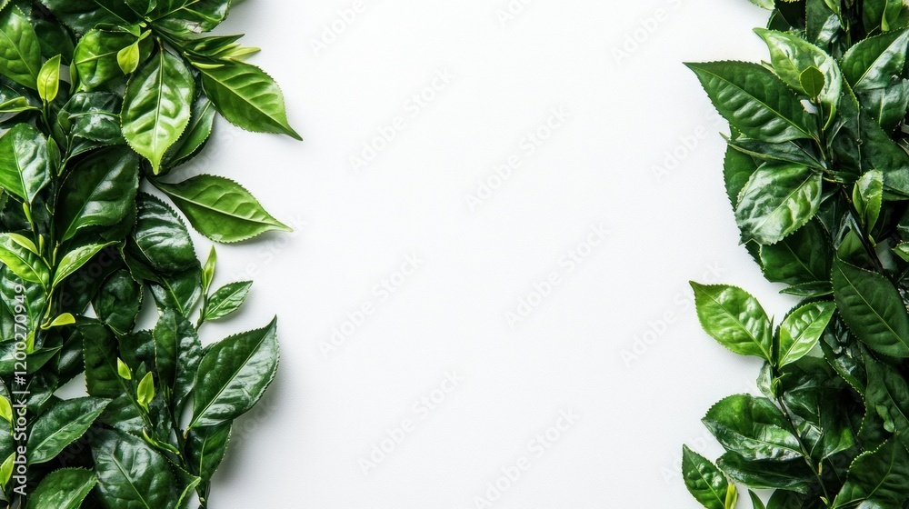 Naklejka premium Vibrant Green Tea Leaves Frame on White Background