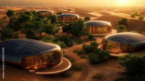 A sprawling futuristic desert city featuring sleek solar-paneled homes surrounded by lush greenery, glowing under the golden sunset photo