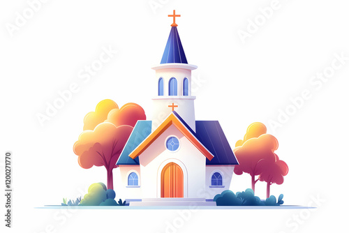 A charming church surrounded by colorful trees, showcasing a serene atmosphere perfect for spiritual reflection.