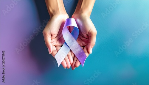 A pair of illustrated hands gently holding a multicolored cancer awareness ribbon, symbolizing unity, diversity, and support. The background is a gradient of soft blues and purples to convey calm and 