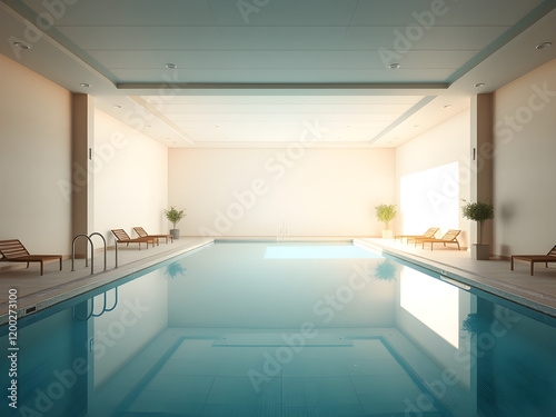 pastel liminal space swimming pool interior	