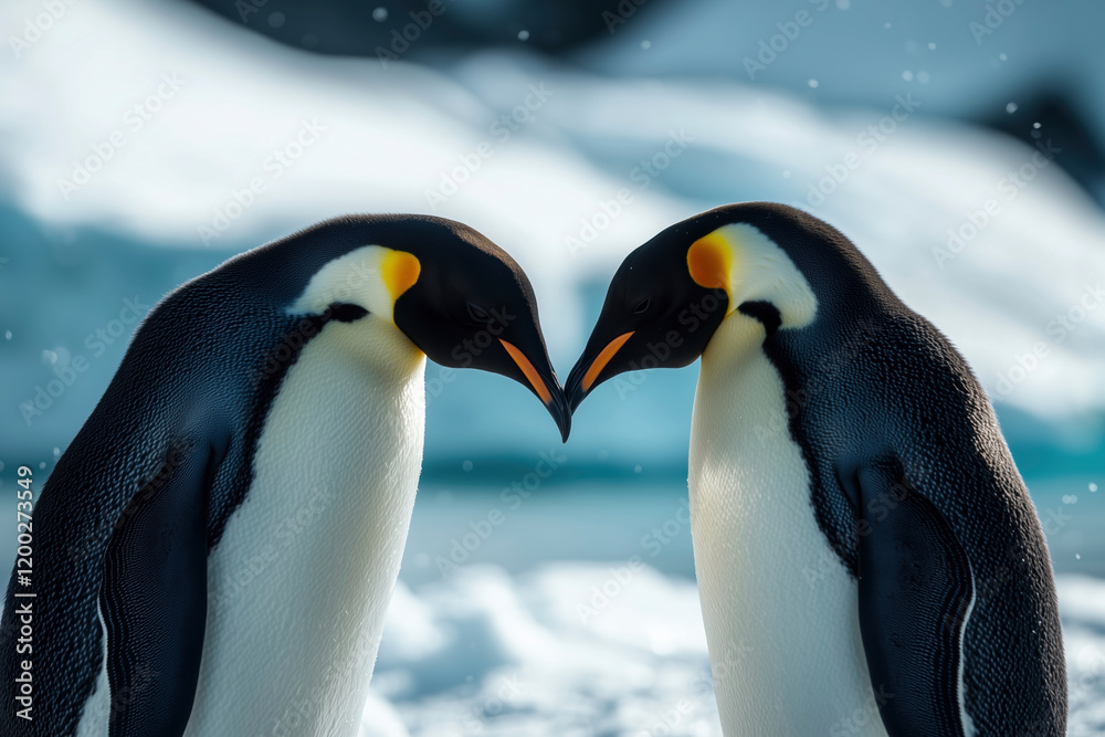 Fototapeta premium Tender Moment: Emperor Penguins in Love in Icy Paradise. Captivating Close-Up of Antarctic Wildlife. Perfect for Nature Lovers and Animal Enthusiasts.