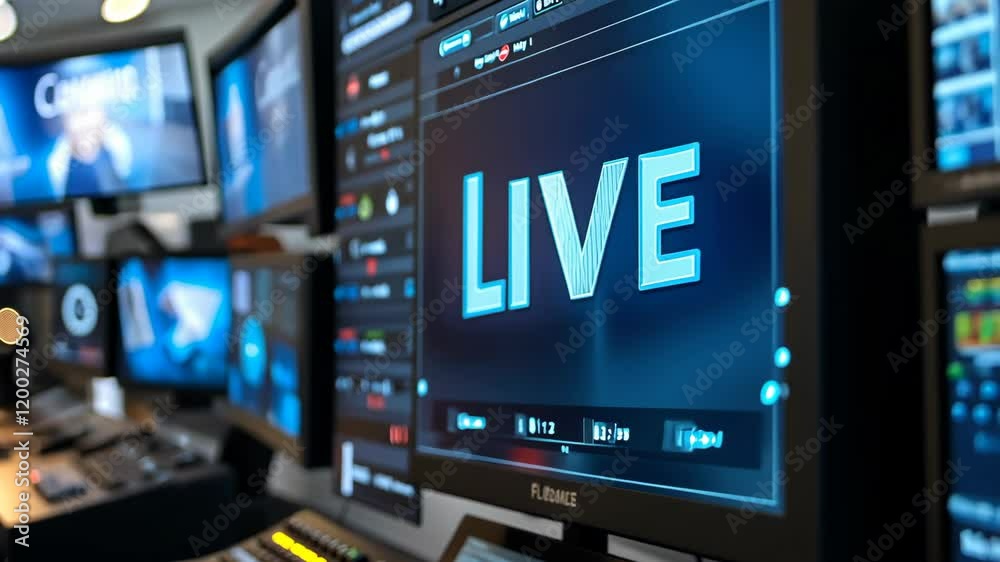 Control room broadcasts live event with multiple screens displaying data and graphics Control room broadcasts live event with multiple screens displaying data and graphics
