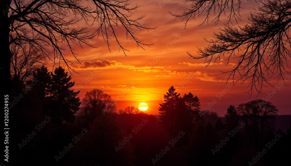 Fototapeta premium Dramatic silhouetted trees against vibrant orange sunset sky