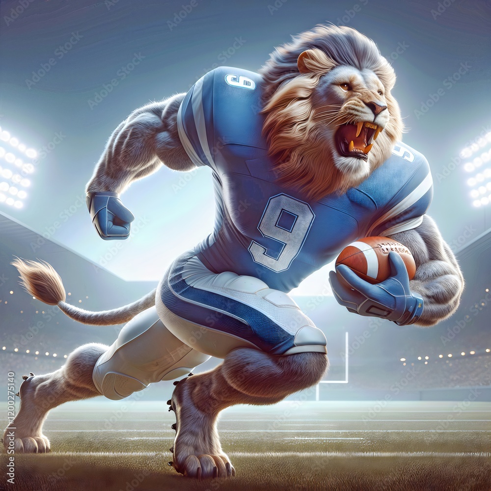 Fototapeta premium A roaring lion wearing a blue and white #9 football uniform charges forward, holding a football with determination in a stadium 