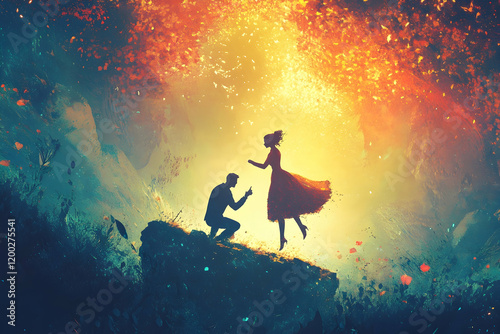 Man kneeling to propose to an overjoyed woman jumping with excitement 