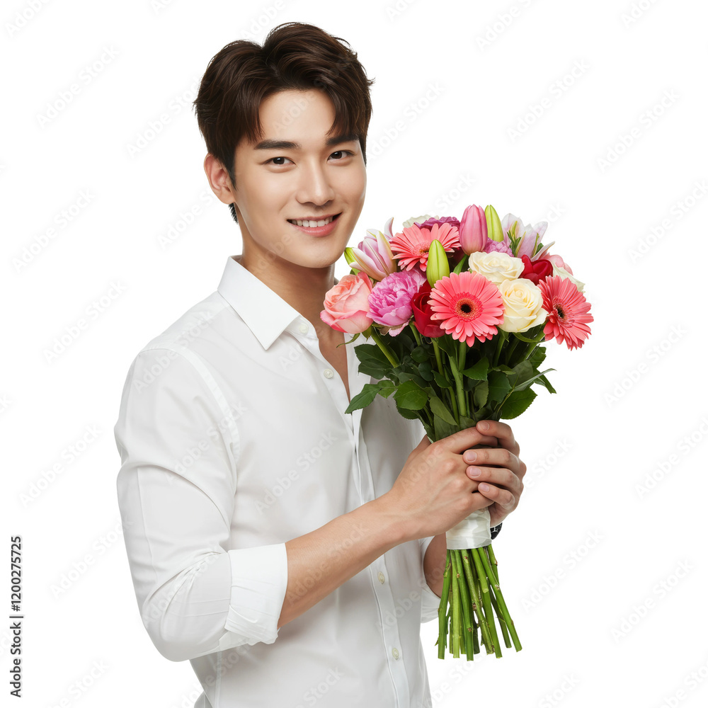 A handsome man holding a bouquet of flowers and smiling warmly, isolated on a transparent background PNG
A handsome man holding a bouquet of flowers and smiling warmly, isolated on a transparent background PNG