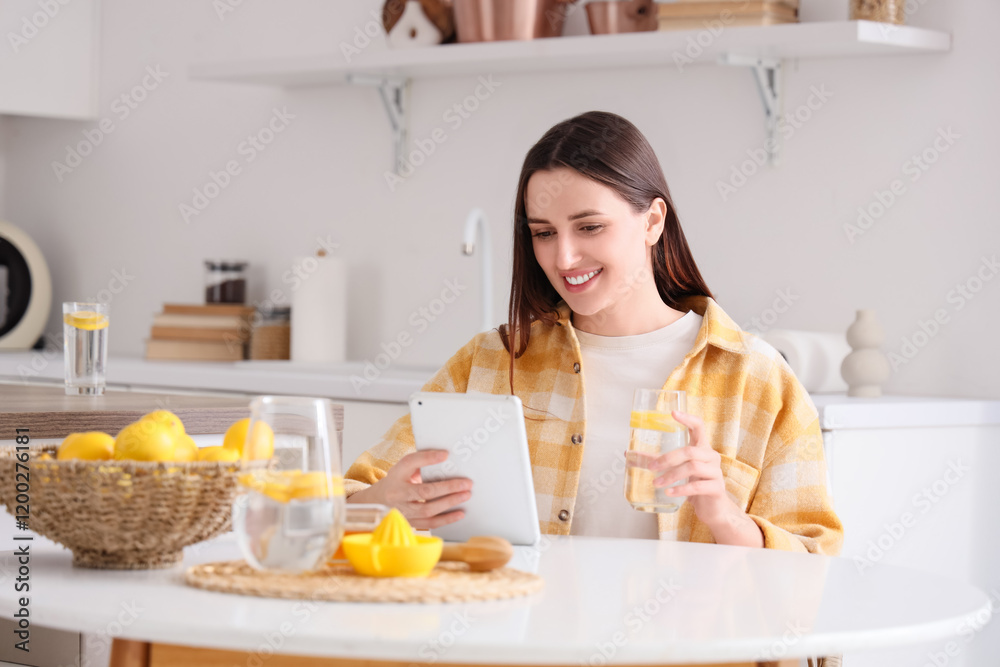 Beautiful young woman with lemon infused water and tablet computer in kitchen Beautiful young woman with lemon infused water and tablet computer in kitchen