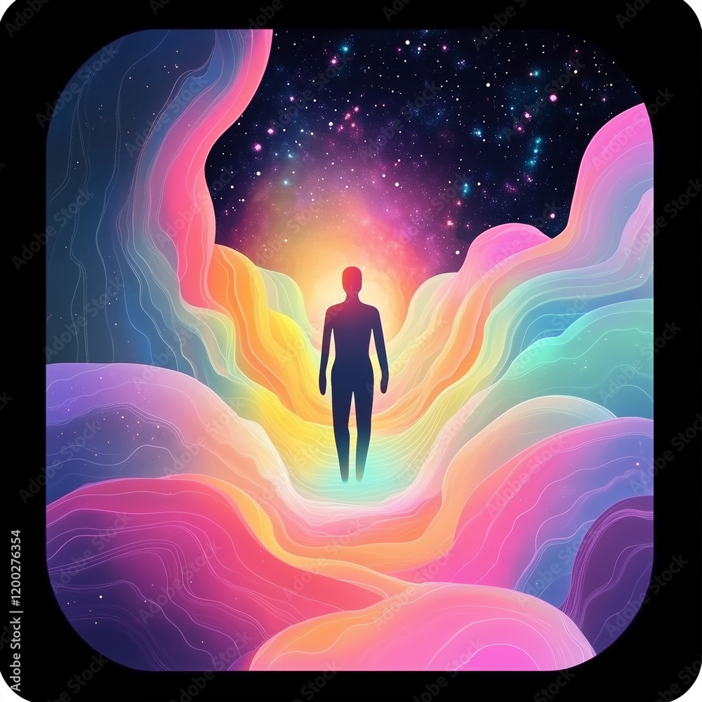 Fototapeta premium Silhouette person exploring vibrant cosmic path