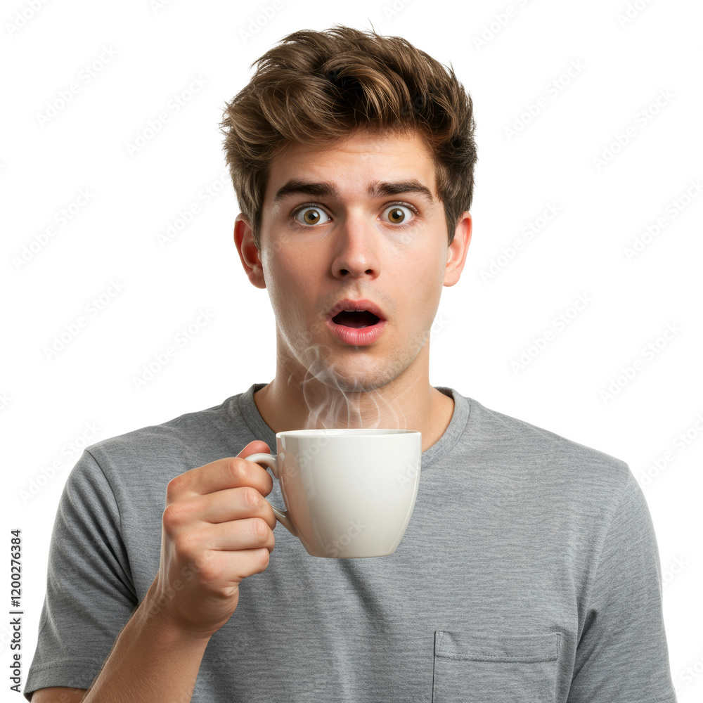 A young man with a surprised look holding a coffee cup, isolated on a transparent background PNG A young man with a surprised look holding a coffee cup, isolated on a transparent background PNG