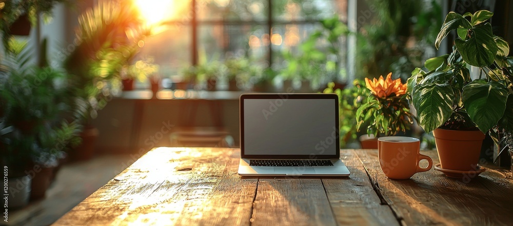 Fototapeta premium In the office meeting room, a laptop sits on a table with its lid open