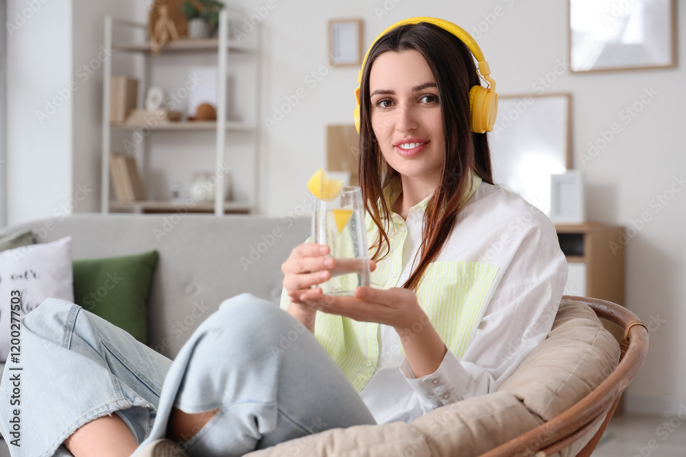 Beautiful young woman with lemon infused water and headphones sitting in armchair at home Beautiful young woman with lemon infused water and headphones sitting in armchair at home