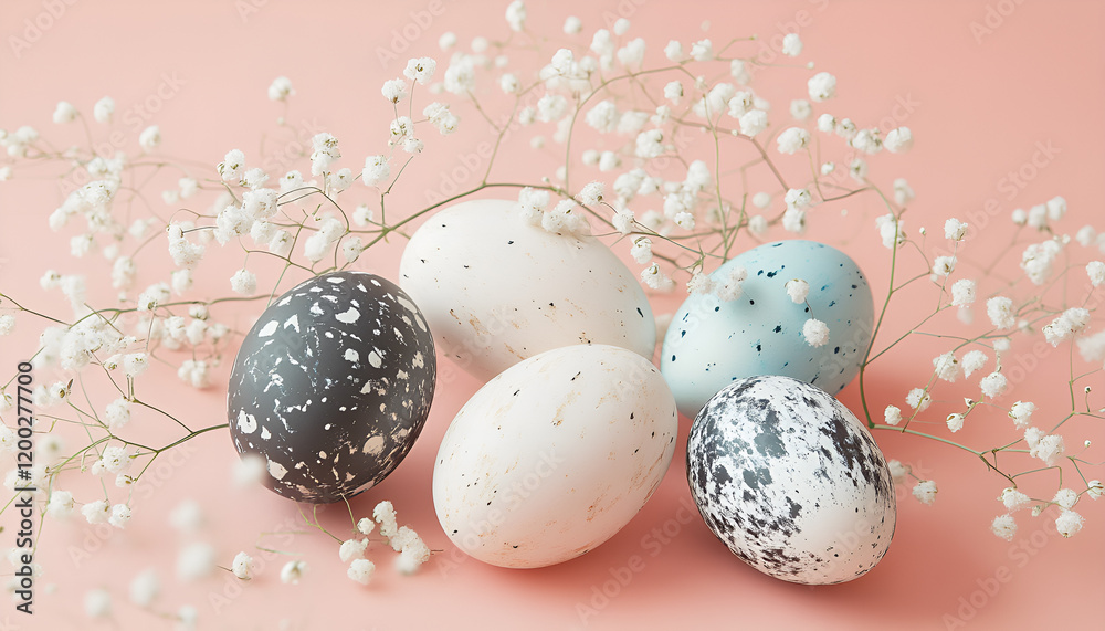 Fototapeta premium Stylish easter eggs and spring flowers border on pink paper flat lay, space for text. Modern natural dyed blue and marble easter eggs. Happy Easter. Greeting card template