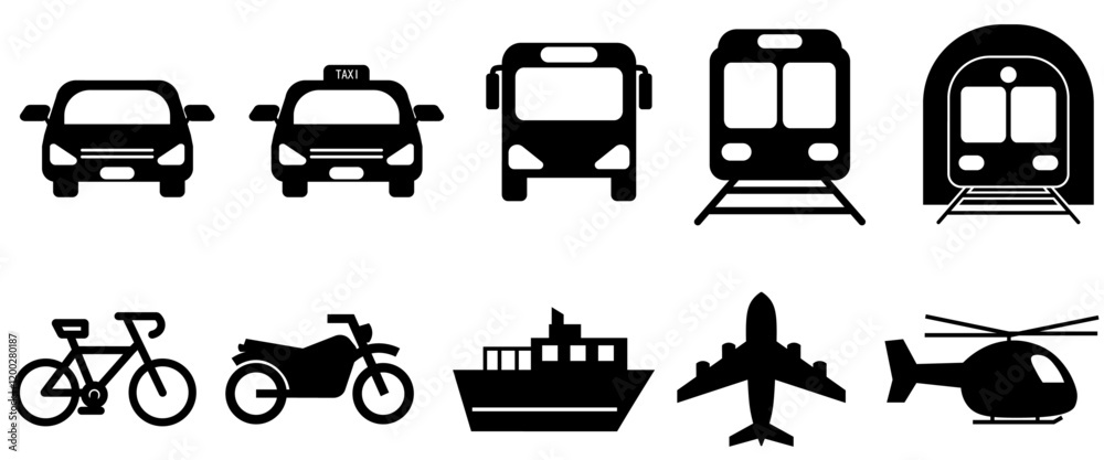 交通手段のアイコンセット、車、自転車、電車、飛行機、船などのシルエット集