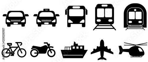 交通手段のアイコンセット、車、自転車、電車、飛行機、船などのシルエット集