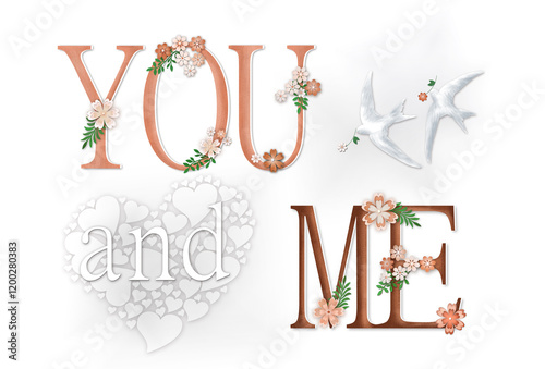  'You and me' words with flowers and hearts decorations in terracotta -peach colors on white background with flying birds . Free copy space. 