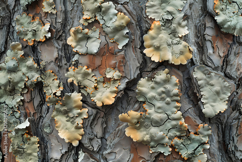 Nature's Tapestry: Captivating Close-Up of Lichen on Tree Bark, Showcasing Symbiosis and Ecological Significance photo