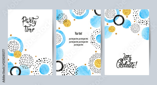 Happy Birthday cards set with blue and golden circles. Celebration backgrounds with place for text	