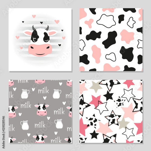 Set of cute cows seamless patterns. Vector print for kids