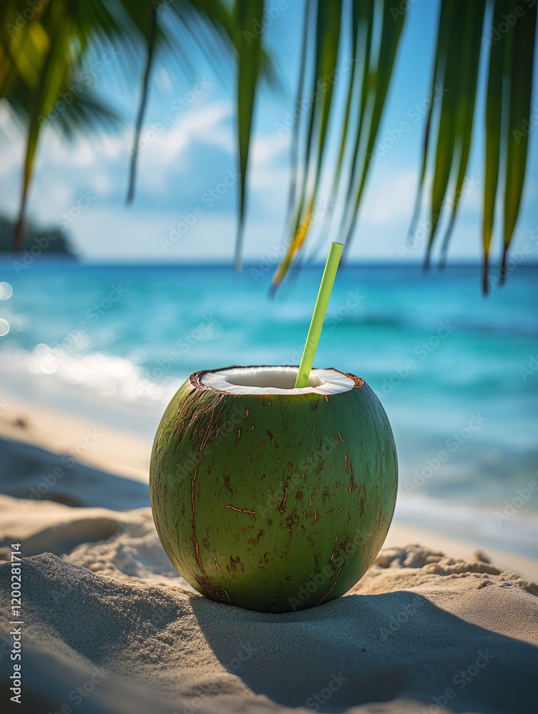 Coconut with straw on a tropical beach by the ocean. Coconut with straw on a tropical beach by the ocean.