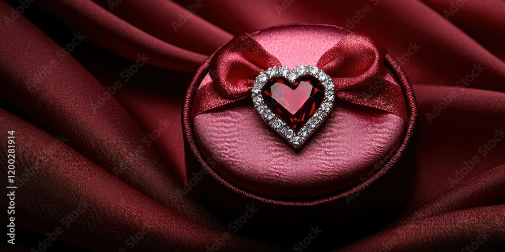 Fototapeta premium A stunning heart-shaped diamond ring nestled in a luxurious red box, resting on a rich red satin background, perfect for expressing love on Valentine's Day.