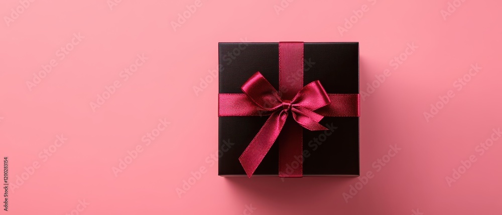 A stunning black gift box adorned with a vibrant red ribbon, set against a soft pink background, perfect for expressing love on Valentine's Day. A stunning black gift box adorned with a vibrant red ribbon, set against a soft pink background, perfect for expressing love on Valentine's Day.