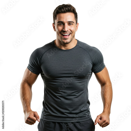  fitness trainer man looking at the camera and smiling while wearing sportswear, isolated on a transparent background PNG photo