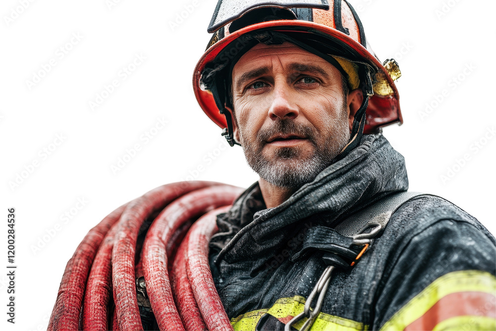 Fototapeta premium Firefighter stands confidently with fire hose on a rainy day, showcasing dedication and bravery while preparing for an emergency response