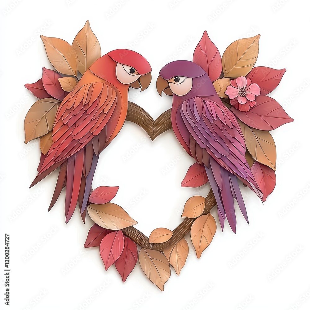 Fototapeta premium Beautiful Love Birds Surrounded by Colorful Leaves in Heart Shape