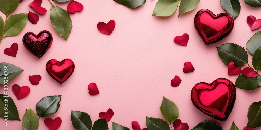 Obraz premium A whimsical display of vibrant hearts and delicate leaves dances across a soft pink backdrop, evoking the spirit of love and romance this Valentine's Day.