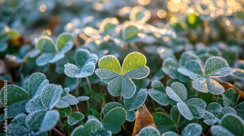 Frosty clover leaves at dawn, ground cover photo
