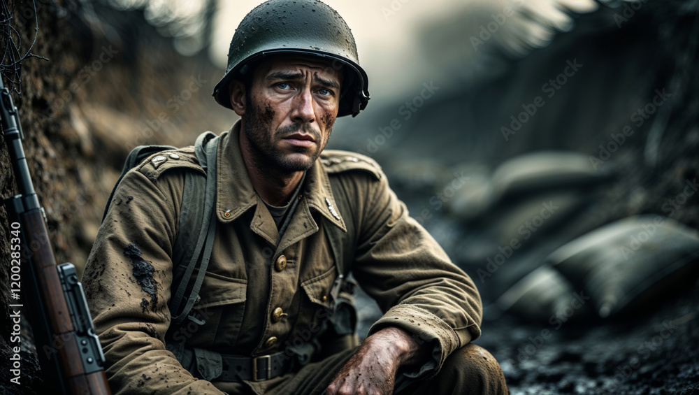 Soldier in trench showing emotion during combat in a war-torn landscape Soldier in trench showing emotion during combat in a war-torn landscape