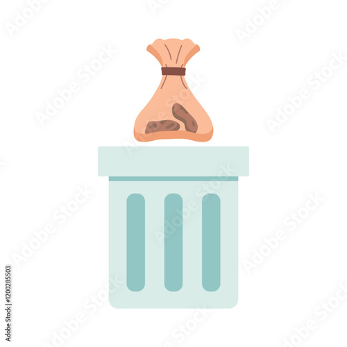 Bag Poop thrown into trash Can. Steel Bin for animal Excrement. Metal Container for shit package. Clean up after pets. Trash can, wastebasket. Isolated element. Flat style. Color vector illustration