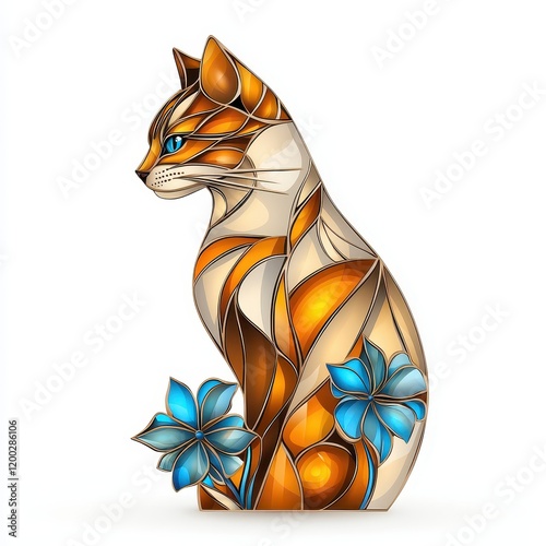 Elegant Stained Glass Cat with Vibrant Floral Accents