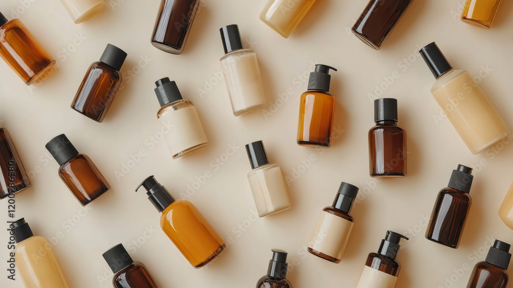Obraz premium Various cosmetic bottles on a beige background.